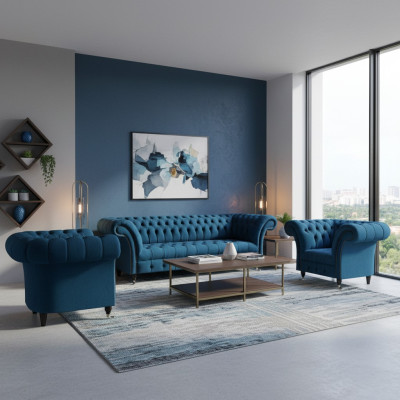 Chesterfield Blaue Sitzgarnitur Modernes Komplettes Wohnzimmer Sofa Set
