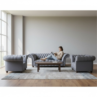 Chesterfield Hellgraue Sofagarnitur Edler Polster Dreisitzer 2x Sessel