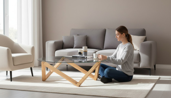  Couchtisch im modernen Stil runde Glastischplatte Wohnzimmer Holzbeine