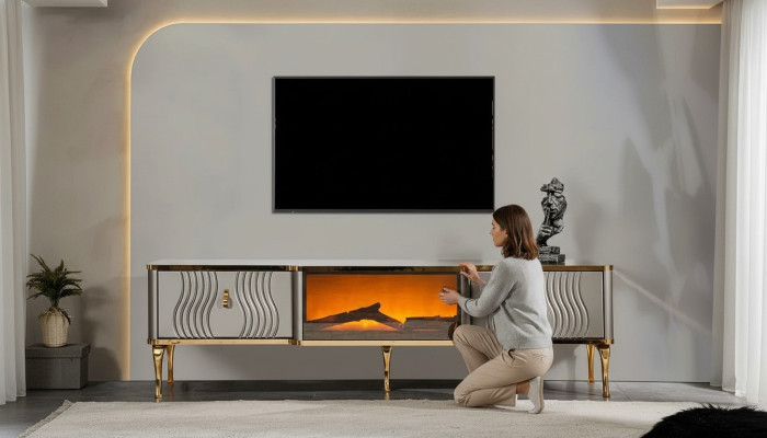 Weißes TV Sideboard goldene MDF Spanplatte + Metall Wohnzimmer TV Möbel