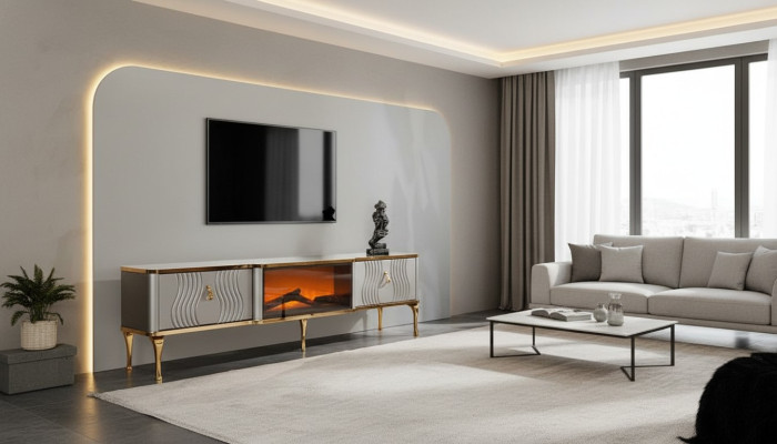 Weißes TV Sideboard goldene MDF Spanplatte + Metall Wohnzimmer TV Möbel