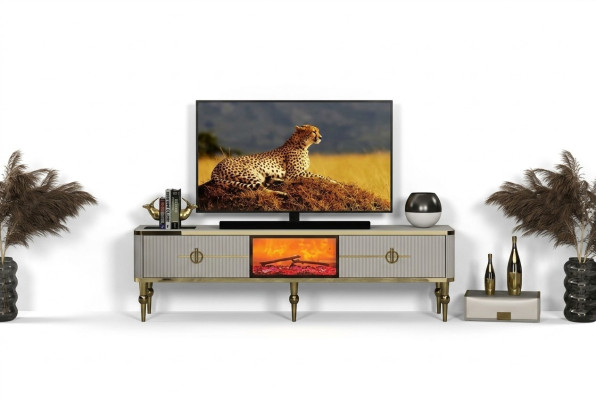  Wohnzimmer TV Lowboard hochwertige Materialien MDF Metall weiß + gold