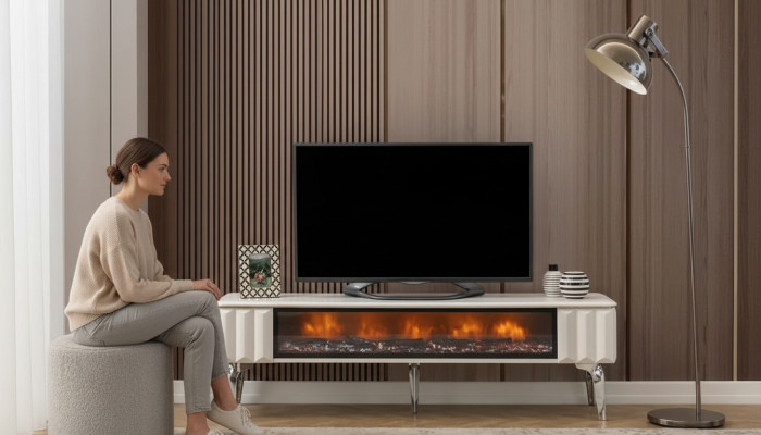 TV-Lowboard weiße Spanplatte Metall-Luxusmöbel Kamin Wohnzimmer neu
