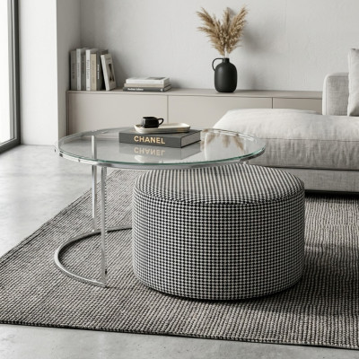  Wohnzimmer-Set Couchtisch Glas und Metall + gepolsterter Sitzhocker