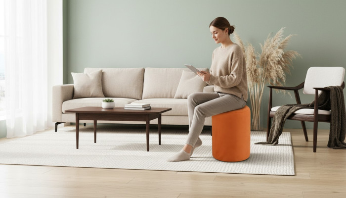  Orangefarbener Sitzhocker neuer hochwertiger Hocker Textil Spanplatte