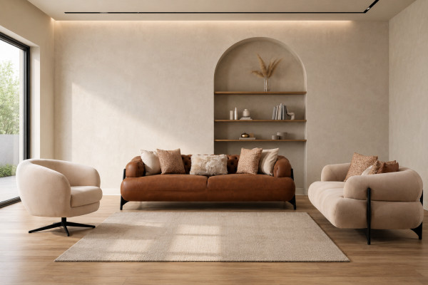 Braun-Weiße Wohnzimmer Couchgarnitur Exklusive Dreisitzer Sofas Sessel