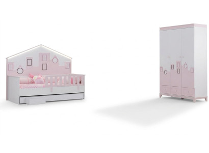 Kinderbett Rosa Kleiderschrank Jugendzimmer Kinderzimmer Möbel 2tlg Set Holz