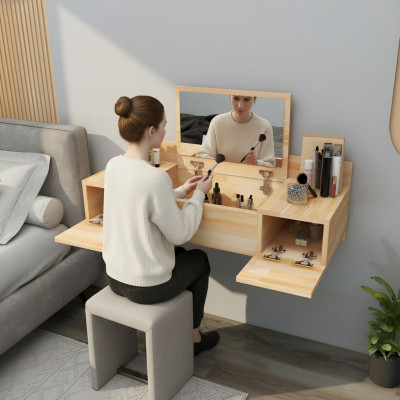 Modern Beige Schminktisch mit Spiegel Luxus Konsole Kommode Schlafzimmer