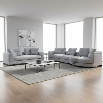 Wohnzimmer Set 2tlg 3-Sitzer mit U-Form Sofas Stoffsofas Grau Einfarbig