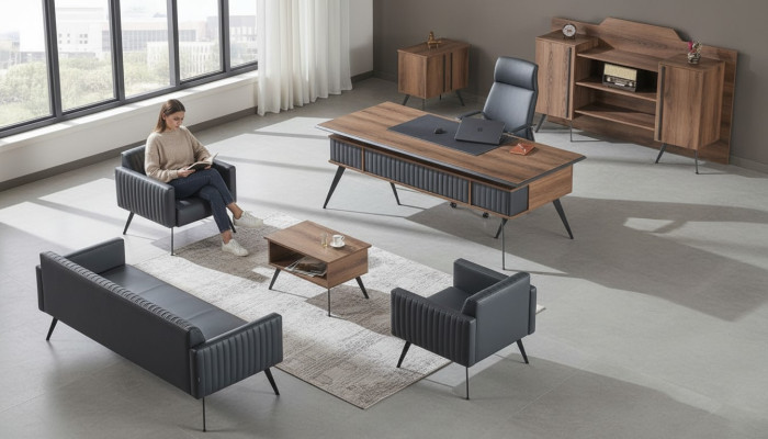 Grau-Braune Stilvolle Arbeitszimmer Sitzmöbel Ablagetisch Sideboard 7tlg