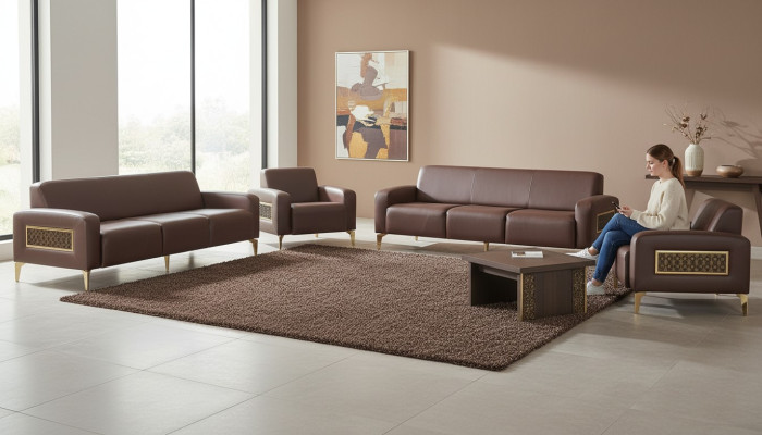 Braune Arbeitszimmer Ledergarnitur Dreisitzer 2x Lehnsessel Couchtisch