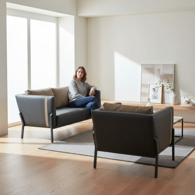 Arbeitszimmer Sitzmöbel Luxuriöser Grauer Leder 2-Sitzer Edler Sessel