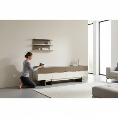 Beige-Braune Wohnzimmer Garnitur Holz Möbel Edles Sideboard Wandregal