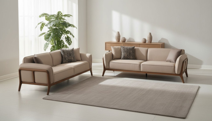 Stilvolle Beige Dreisitzer Garnitur Wohnzimmer Polstercouchen Sitzmöbel