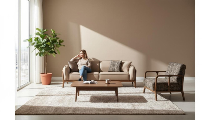Beige Stillvolle Dreisitzer Couch Wohnzimmer Sitzmöbel Polster Sessel