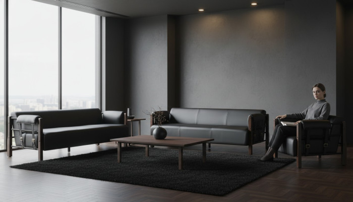 Sofagarnituren Sofa-Set 3-Sitzer Sessel Schwarz Holz Sofas Ledersofas