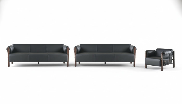 Sofagarnituren Sofa-Set 3-Sitzer Sessel Schwarz Holz Sofas Ledersofas