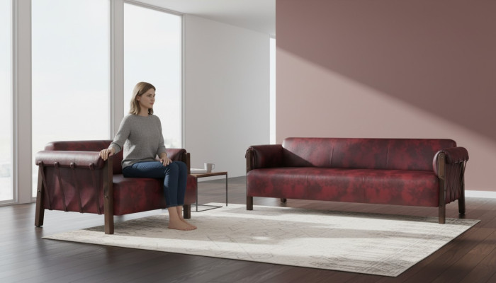 Couch Ledesofas 3-Sitzer 2-Sitzer Bordeaux Modern Stil Leder Holz Set
