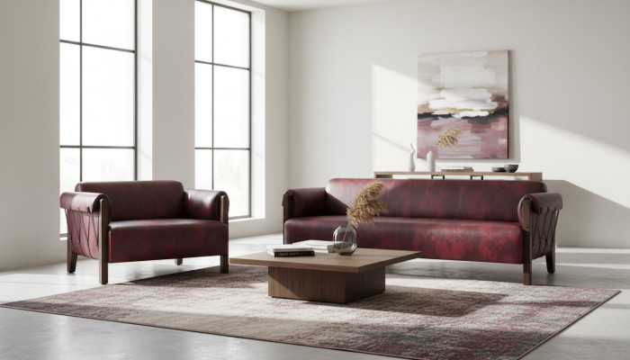 Couch Ledesofas 3-Sitzer 2-Sitzer Bordeaux Modern Stil Leder Holz Set