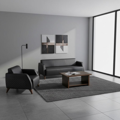 Sofas-Set Ledesofa Schwarz 3-Sitzer Sessel Braun Couchtisch Modern Leder
