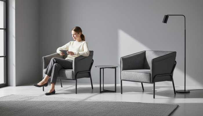 Lehnsessel Set Sessel Leder Textil Edelstahl Modern 1-Sitzer Grau Holz