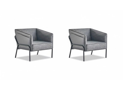 Lehnsessel Set Sessel Leder Textil Edelstahl Modern 1-Sitzer Grau Holz