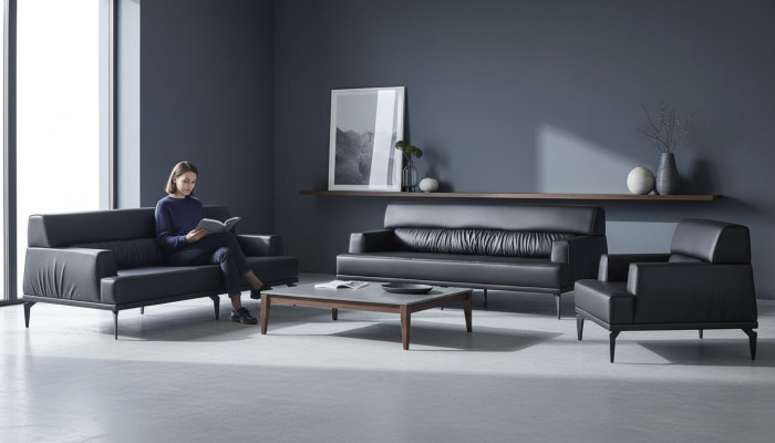 Sofagarnituren Sofa-Set Leder 3-Sitzer Sessel Schwarz Ledersofas Modern