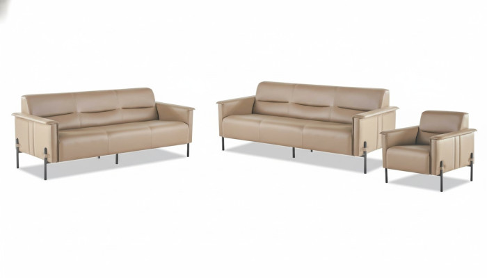 Ledersofas Beige Edelstahl Set 3-Sitzer Sessel Modern Leder Holz Couch