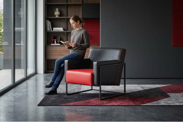 Lehnsessel Schwarz Rot Sessel Leder Modern Edelstahl Holz 1-Sitzer