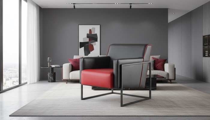 Lehnsessel Schwarz Rot Sessel Leder Modern Edelstahl Holz 1-Sitzer