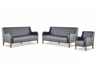 Sofagarnituren-Set 3-Sitzer Sessel Schwarz Leder Modern Holz Sofas