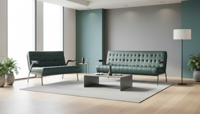 Chesterfield Leder Set 3-Sitzer 2-Sitzer Grün Ledersofas Modern Holz