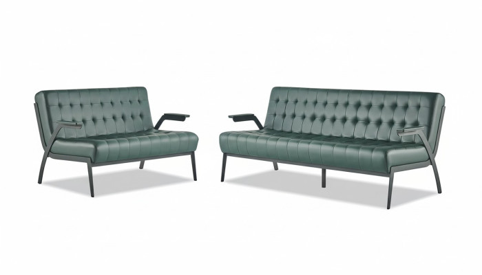Chesterfield Leder Set 3-Sitzer 2-Sitzer Grün Ledersofas Modern Holz