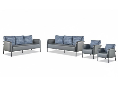 Sofas Polster Edelstahl Ledersofa-Set 3-Sitzer Sessel Grau Blau Textil