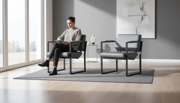 Bürostuhl Set Sessel Schwarz Lehnsessel Modern 1-Sitzer Leder Edelstahl