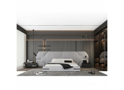 Pat modern gri cu tăblie elegantă și design pentru dormitor