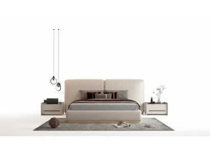 Pat luxos bej cu detalii aurii, design modern, tăblie pentru dormitor