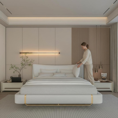 Pat luxos gri cu detalii aurii, design modern și tăblie confortabilă