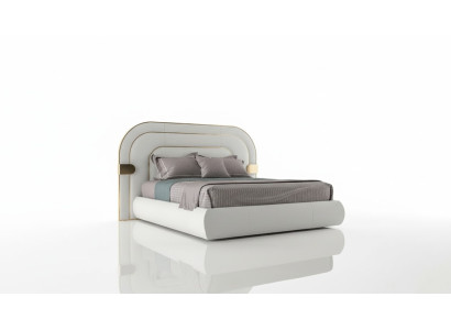 Cadru de pat gri luxos cu detalii aurii în design modern și capitonaj moale
