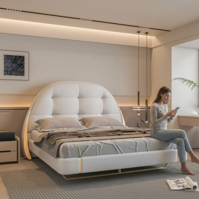 Pat din țesătură luxoasă cu accente brodate și cap de pat rotund modern