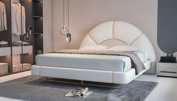 Pat modern de lux cu detalii aurii, cap de pat rotunjit