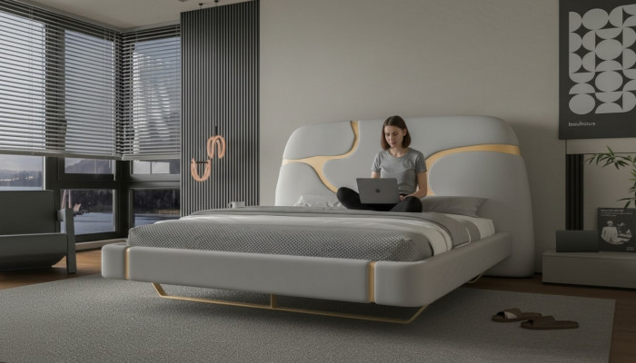 Pat de lux cu detalii aurii Design modern Tăblie moale Dormitor