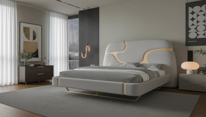 Pat de lux cu detalii aurii Design modern Tăblie moale Dormitor