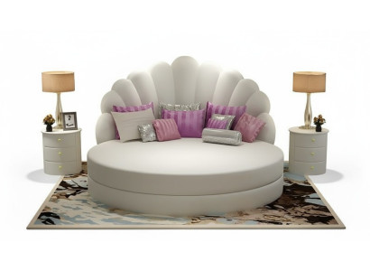 Pat rotund elegant alb cu tapițerie din catifea mov pentru dormitor modern