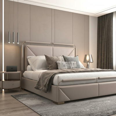 Design modern de pat luxos în bej cu detalii aurii și un cap de pat elegant