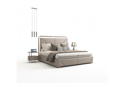 Design modern de pat luxos în bej cu detalii aurii și un cap de pat elegant