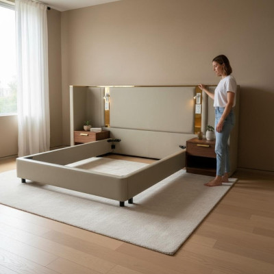 Pat de design luxos bej cu iluminare LED, structură aurie și tăblie modernă
