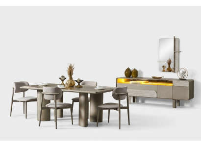 Conjunto elegant de masă de dining din lemn bej cu scaune și consolă