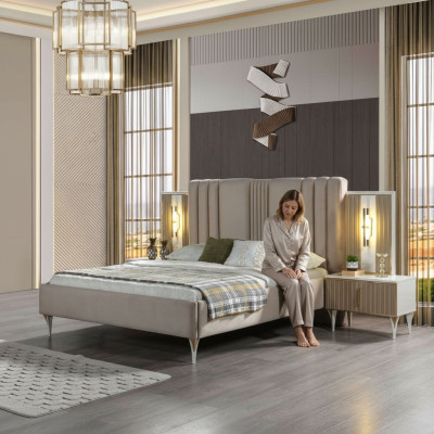 Conjunto elegant de mobilier de 3 piese cu pat și măsuțe de noapte