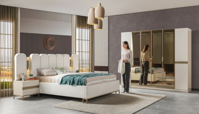 Set de mobilier modern pentru dormitor 4 piese: pat, dulap, noptieră